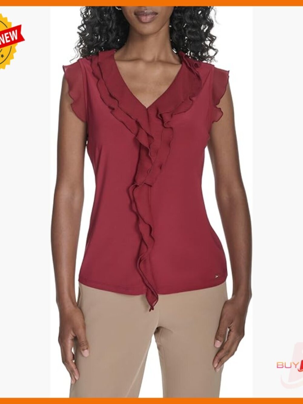 Sleeveless V-Neck Ruffle Front Blouse, Mixed Media Work Shirt
